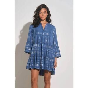 Elan Women’s Small Clara Metallic Bell Sleeve Blue/Silver Mini Dress